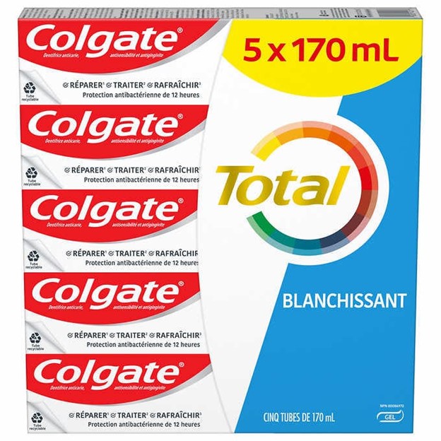 Dentifrices Colgate Total - blanchissants, 5 x 170 mL