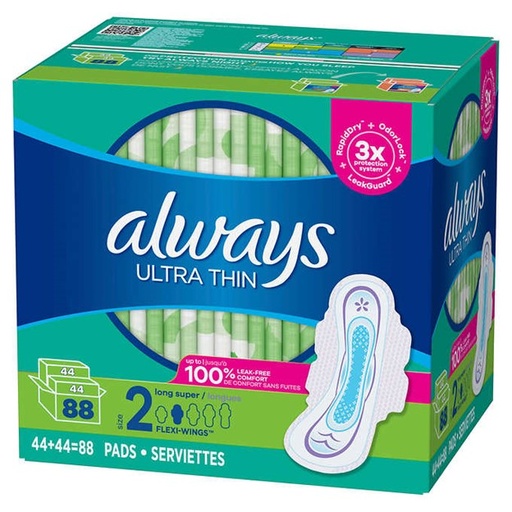 Always Ultra Thin - Serviettes longues avec ailes, T2, 88 serviettes