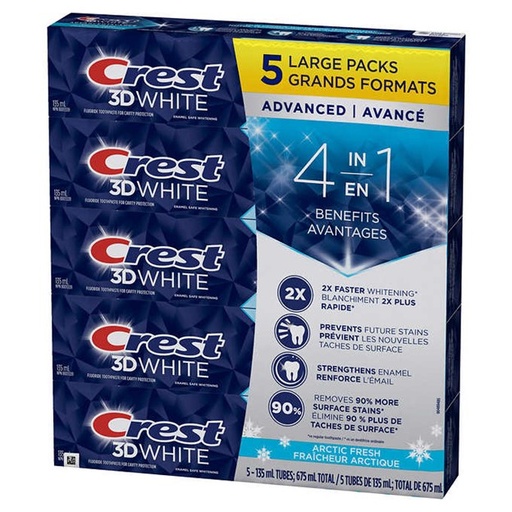 Dentifrice Crest 3D White -  blanchissant avancé, fraîcheur arctique, 5 x 135 mL