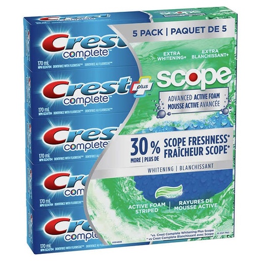 Dentifrice Crest Complete Avancé avec Scope à mousse active, 5 x 170 mL